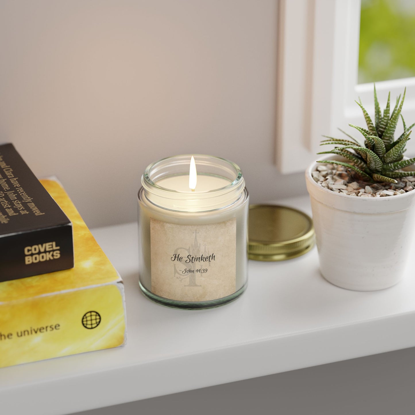 "He Stinketh - John 11:39" Scented Candles, Coconut Apricot Wax (4oz, 9oz)