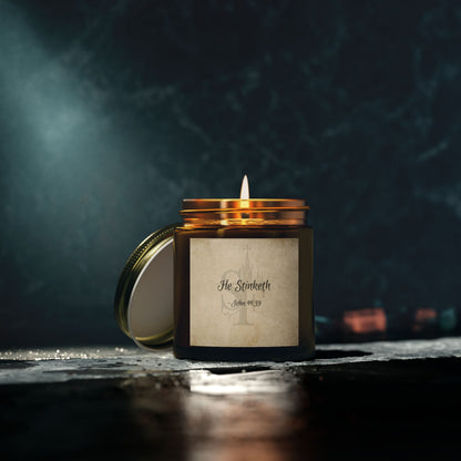 "He Stinketh - John 11:39" Scented Candles, Coconut Apricot Wax (4oz, 9oz)