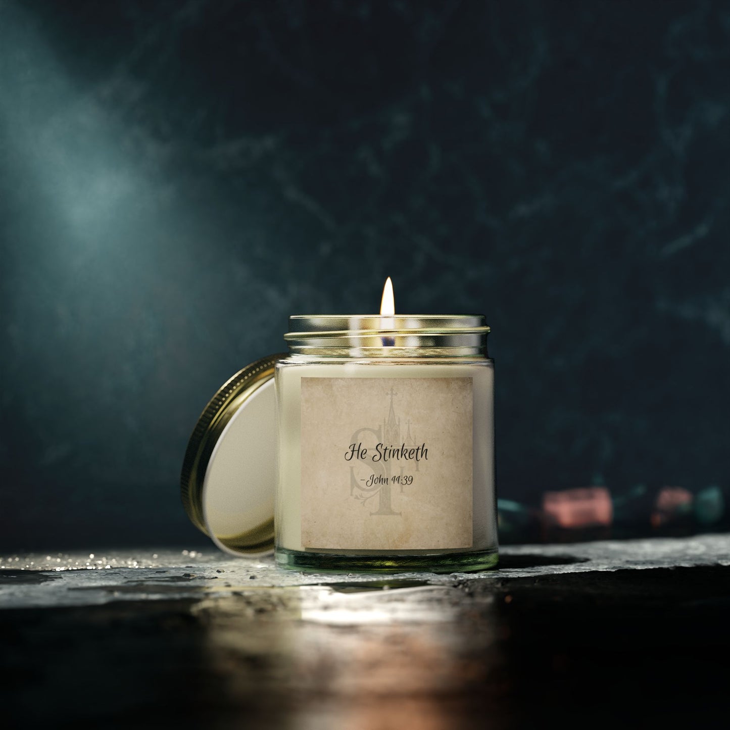 "He Stinketh - John 11:39" Scented Candles, Coconut Apricot Wax (4oz, 9oz)