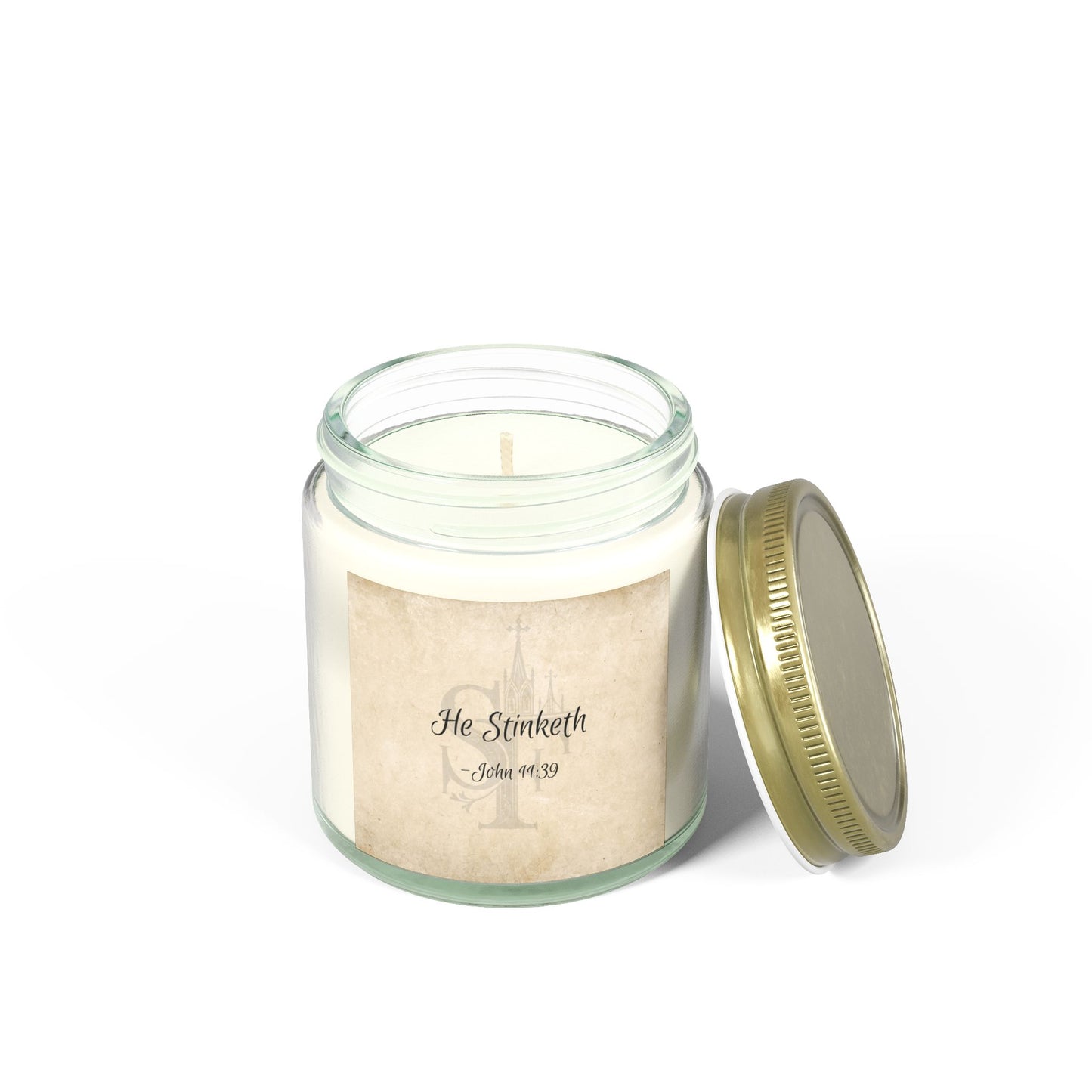 "He Stinketh - John 11:39" Scented Candles, Coconut Apricot Wax (4oz, 9oz)
