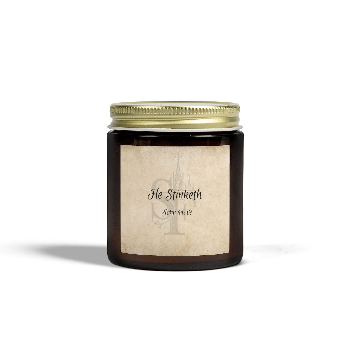 "He Stinketh - John 11:39" Scented Candles, Coconut Apricot Wax (4oz, 9oz)