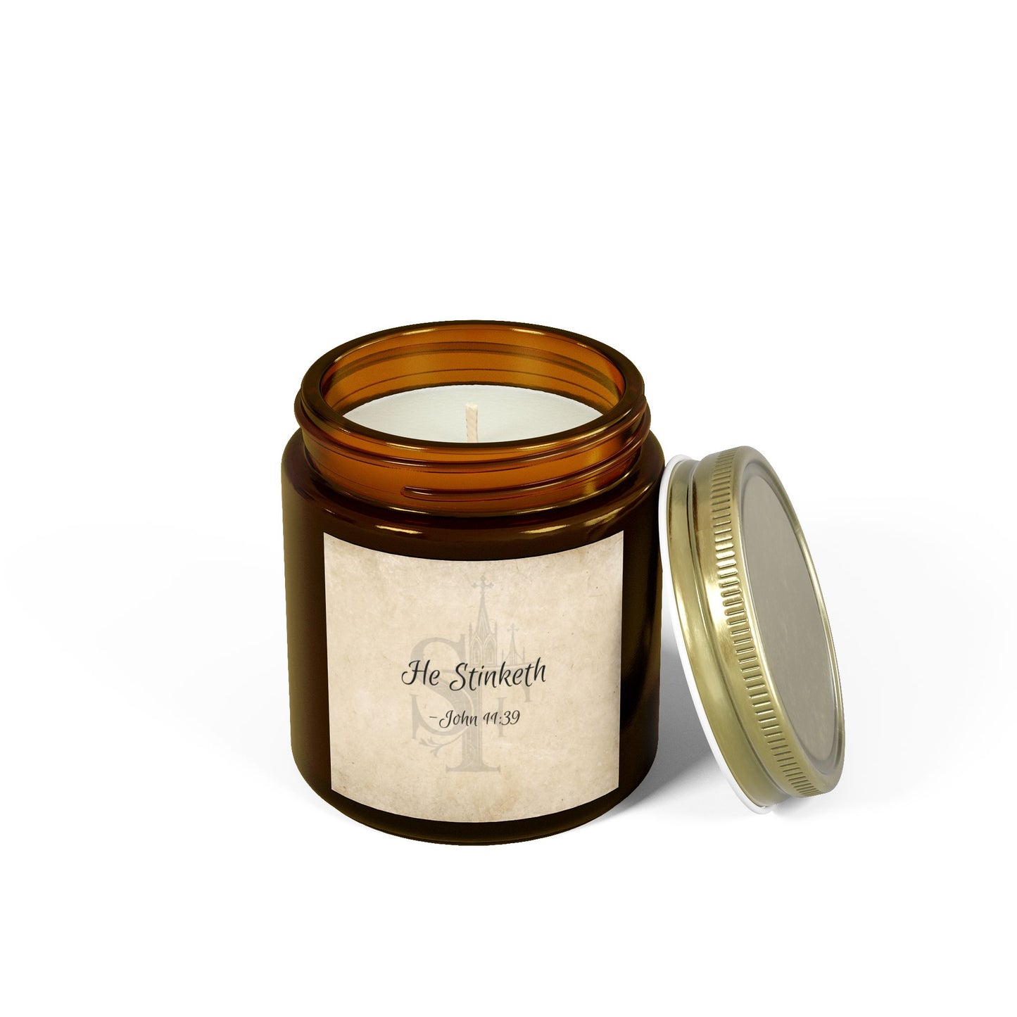 "He Stinketh - John 11:39" Scented Candles, Coconut Apricot Wax (4oz, 9oz)